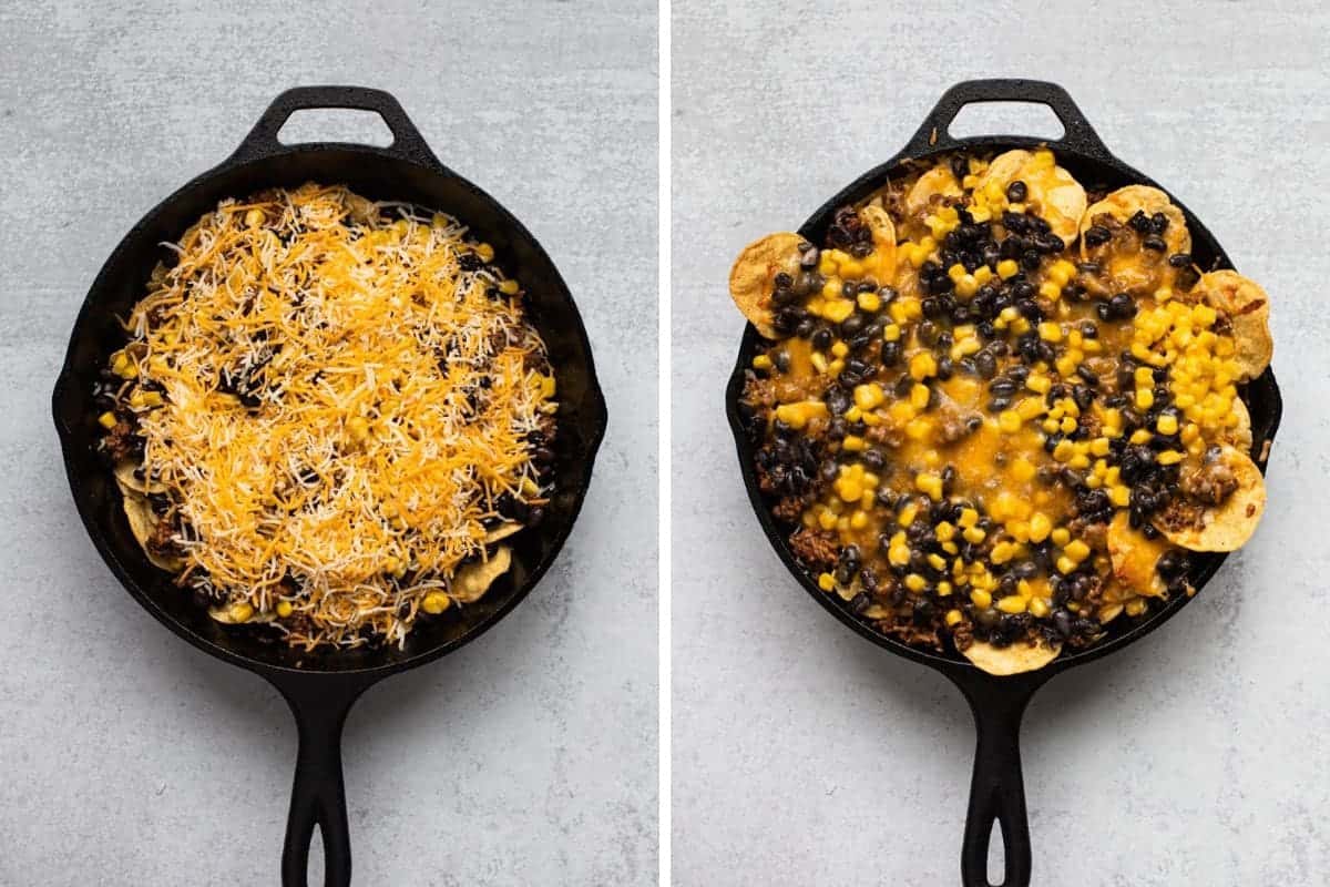 two photo collage-on left skillet filled with nacho ingredients before baking-on right after baking