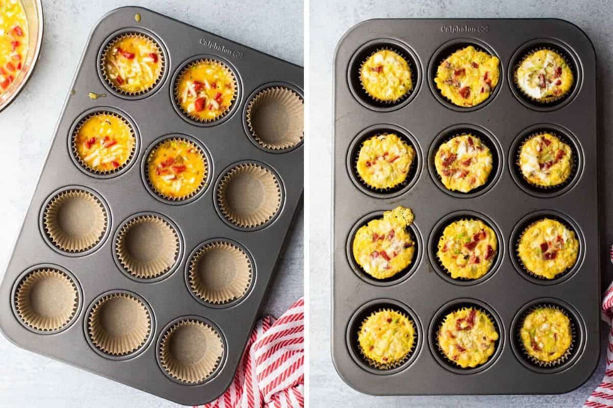 two photo collage of raw egg mixture and baked egg cups in muffin tin