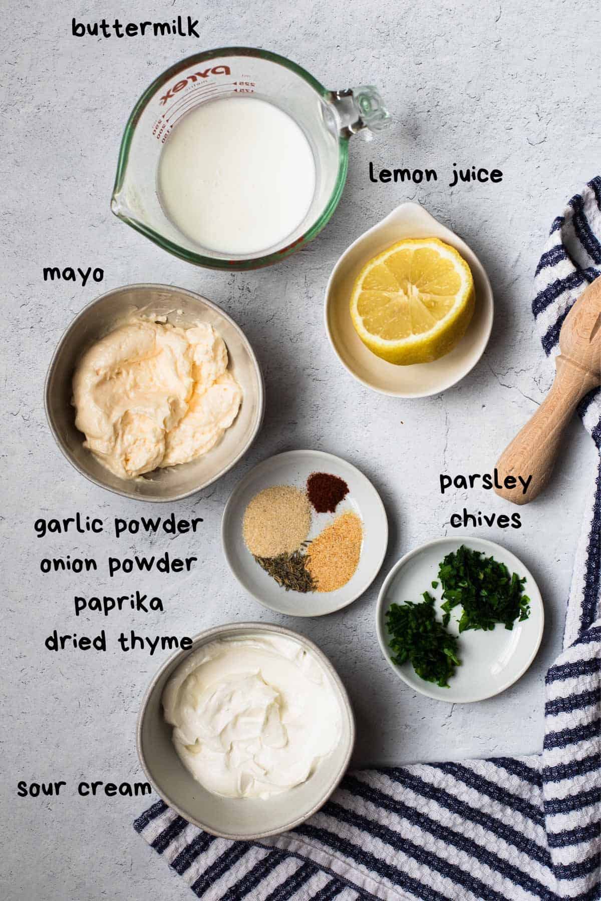 overhead view of ranch dressing ingredients with text lables