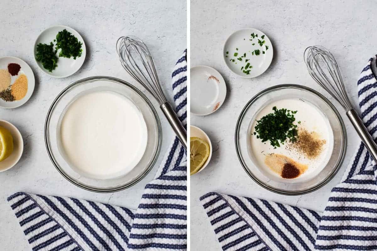 two photo collage of mixing sour cream and buttermilk and spices together