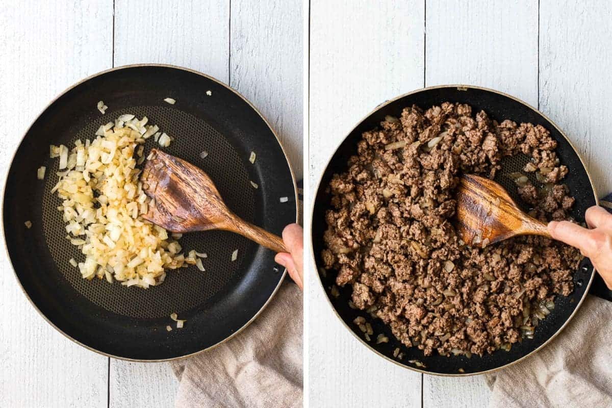 2 photo collage showing onions and ground beef being cooked in a skillet