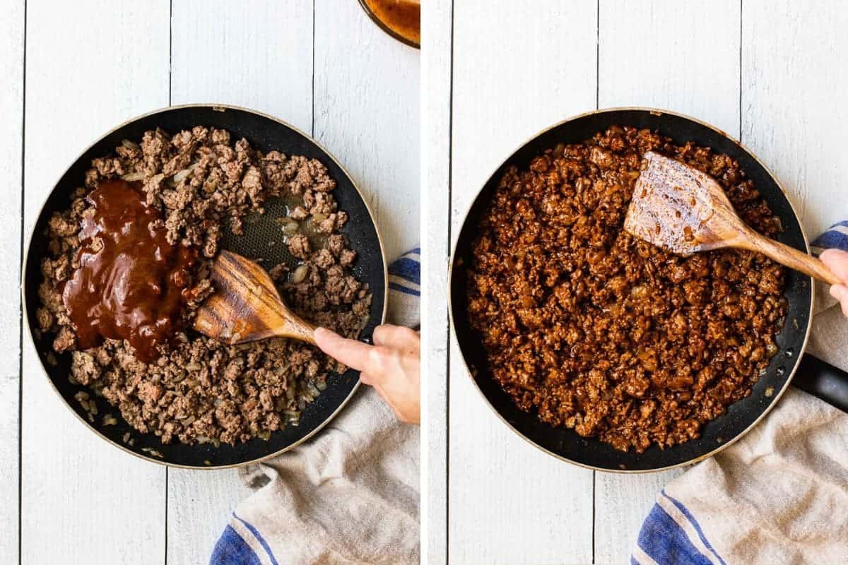 2 photo collage showing ground beef being cooked with sauce