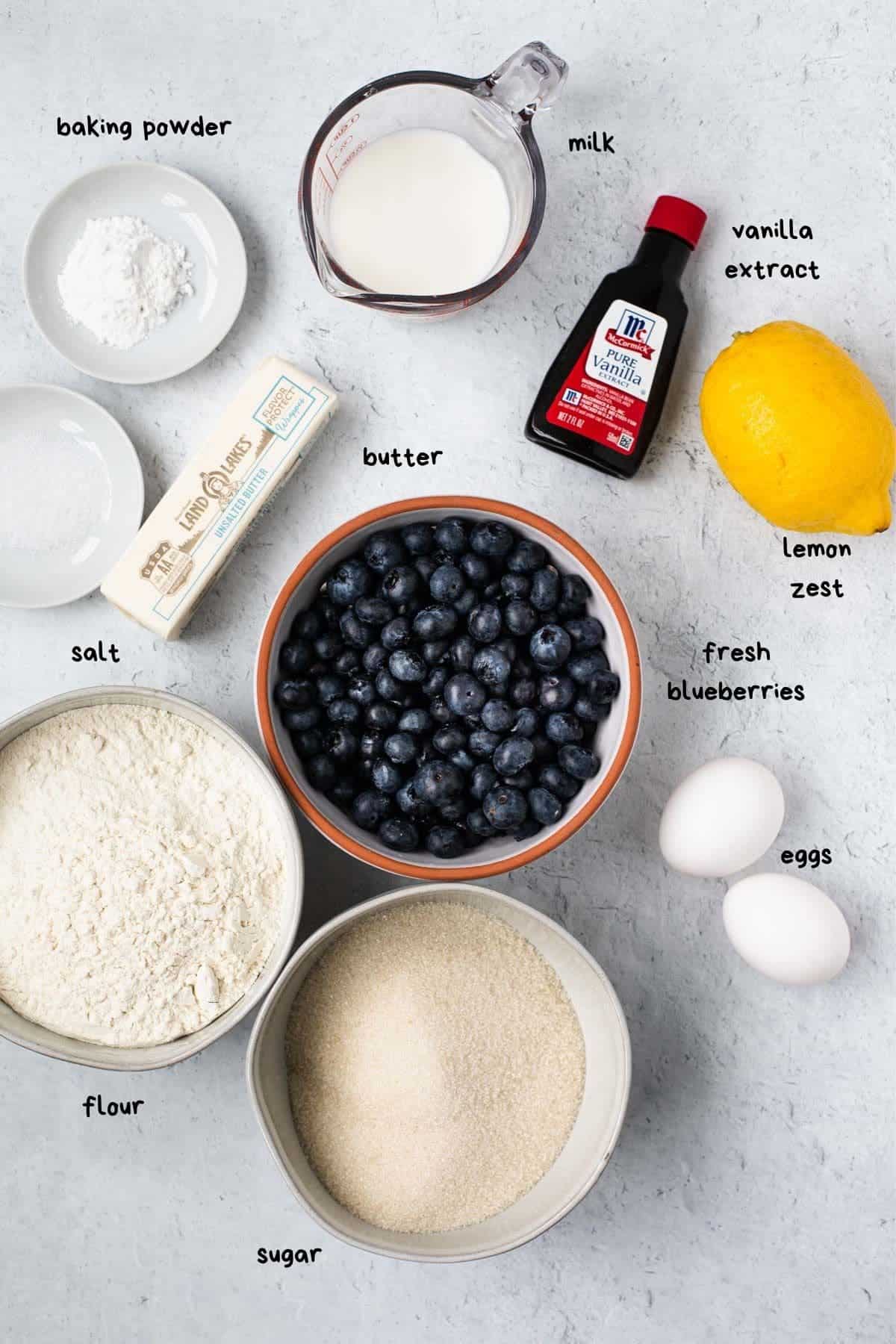 overhead view of recipe ingredients like fresh blueberries and butter