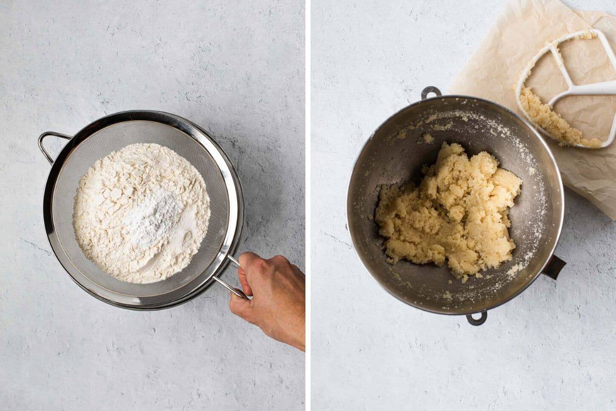 two photo collage showing sifting flour and a bowl fo creamed butter and sugar