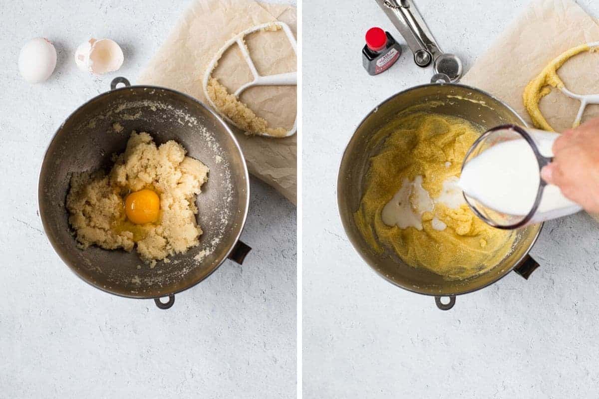 2 photo collage showing eggs and milk being added to batter