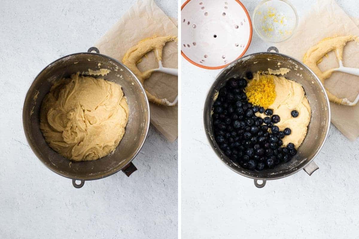 2 photo collage showing batter and blueberries in mixing bowl