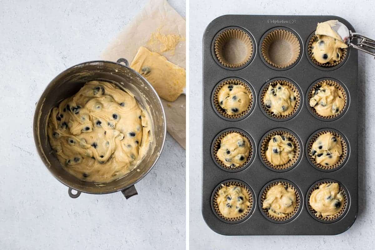 2 photo collage with batter in bowl and in muffin tin