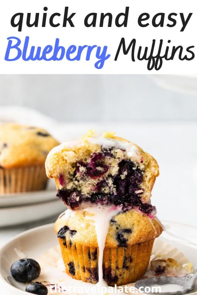 2 blueberry muffins stacked on top of each other with glaze dripping down