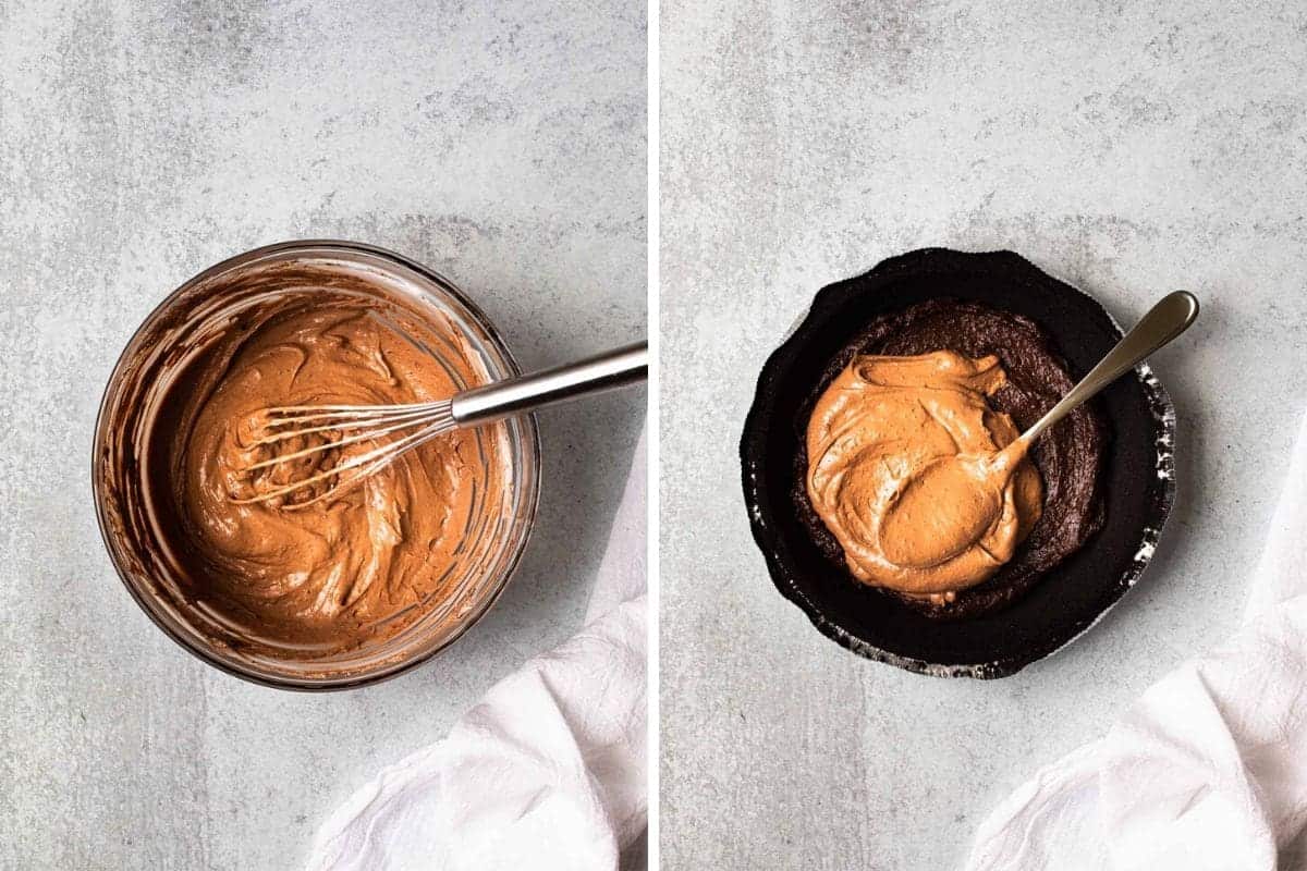 2 photo collage-pudding in a bowl with a whisk and being spread in crust.