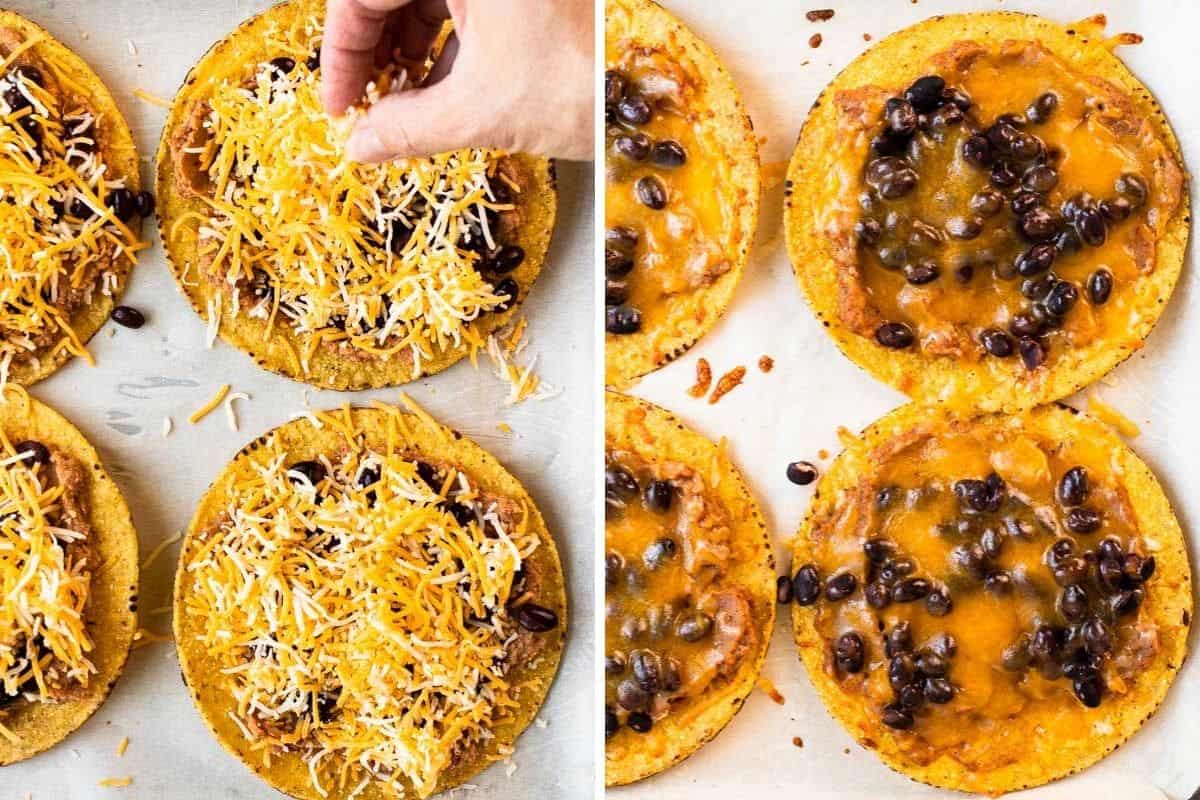 2 photo collage of adding cheese to tostadas before and after baking