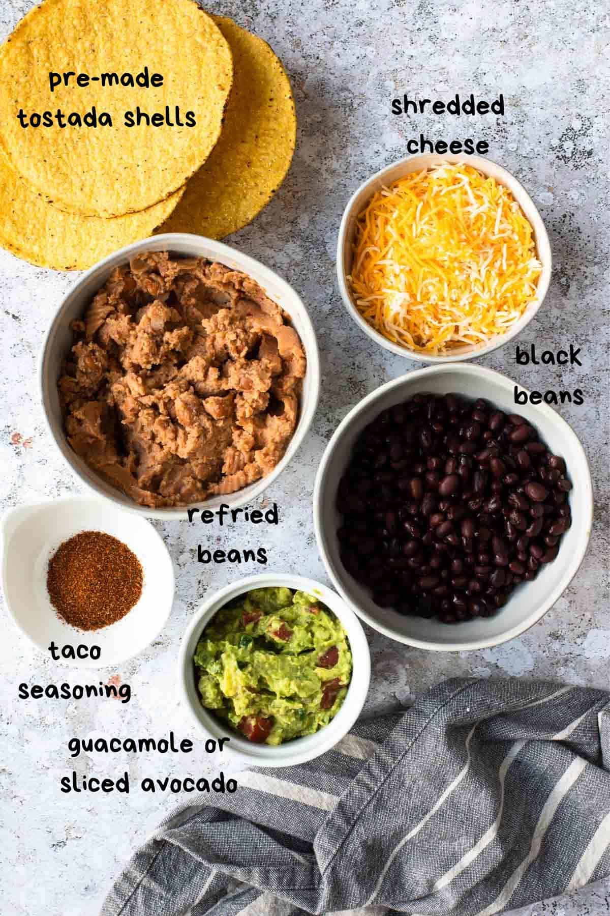 overhead shot of recipe ingredients like beans and guacamole