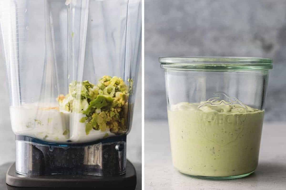 straight on view of ingredients in a blender and dressing in a glass jar