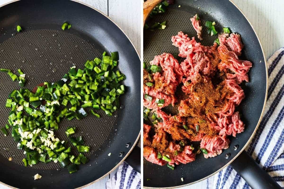 collage of peppers and ground beef being cooked in a black skillet