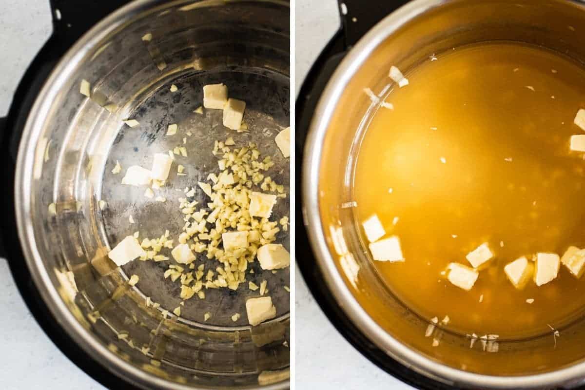 2 photo collage of butter, garlic, and broth going into an instant pot