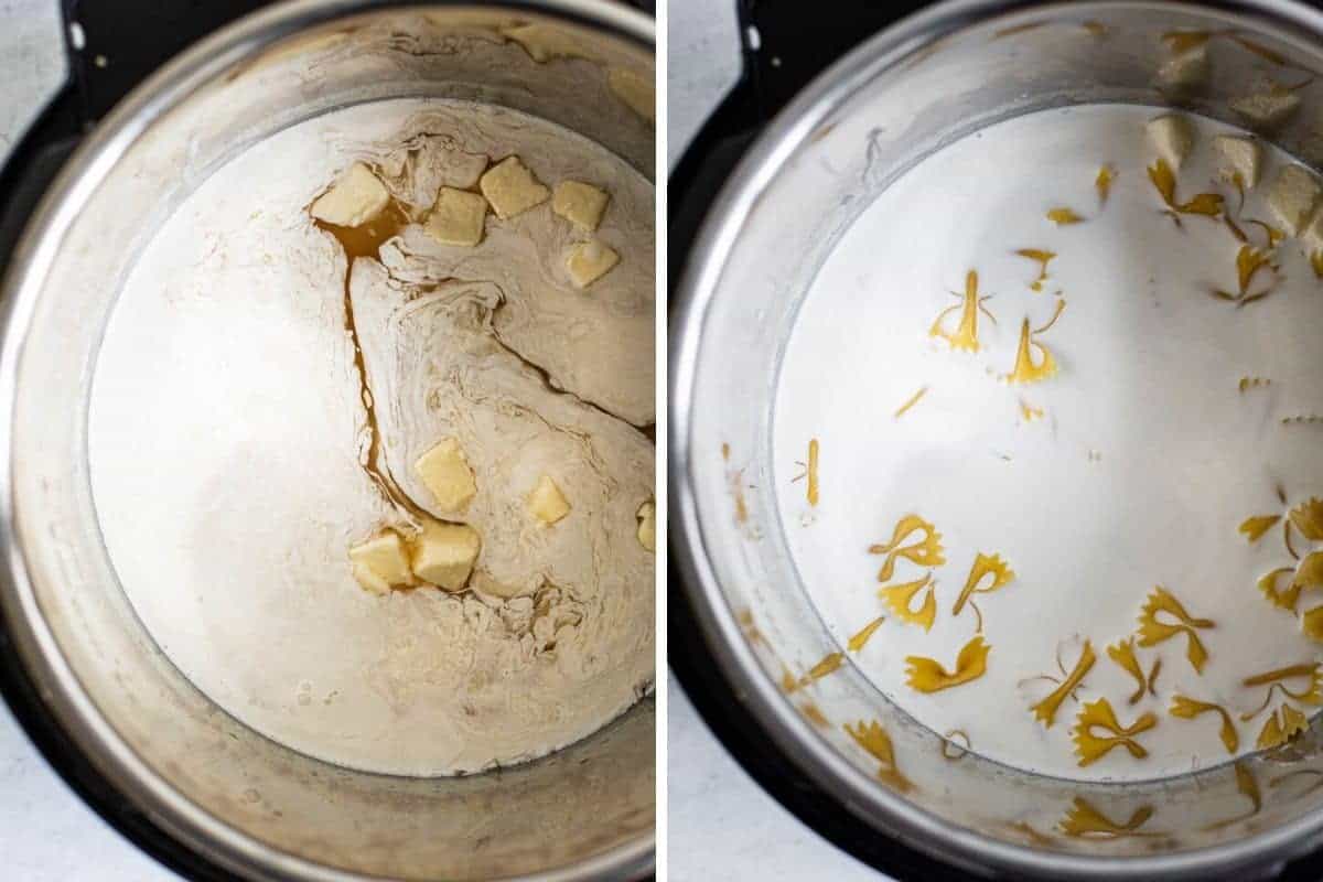 two photo collage of cram and pasta in an instant pot