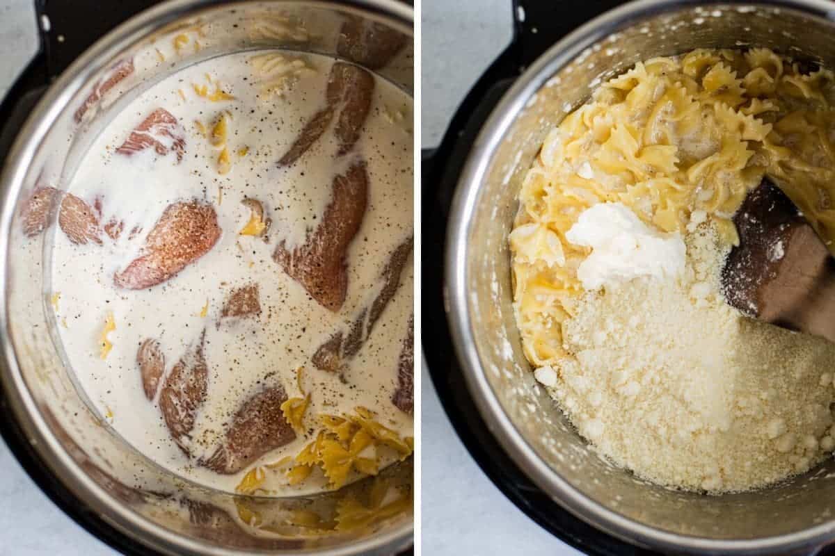 two photo collage of raw chicken before and after being cooked with pasta in an instant pot