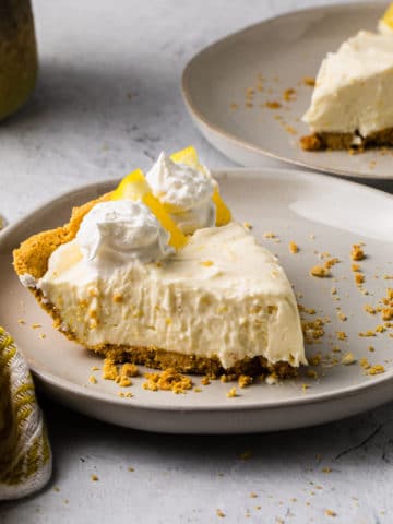 close up of a slice of pie on a white plate