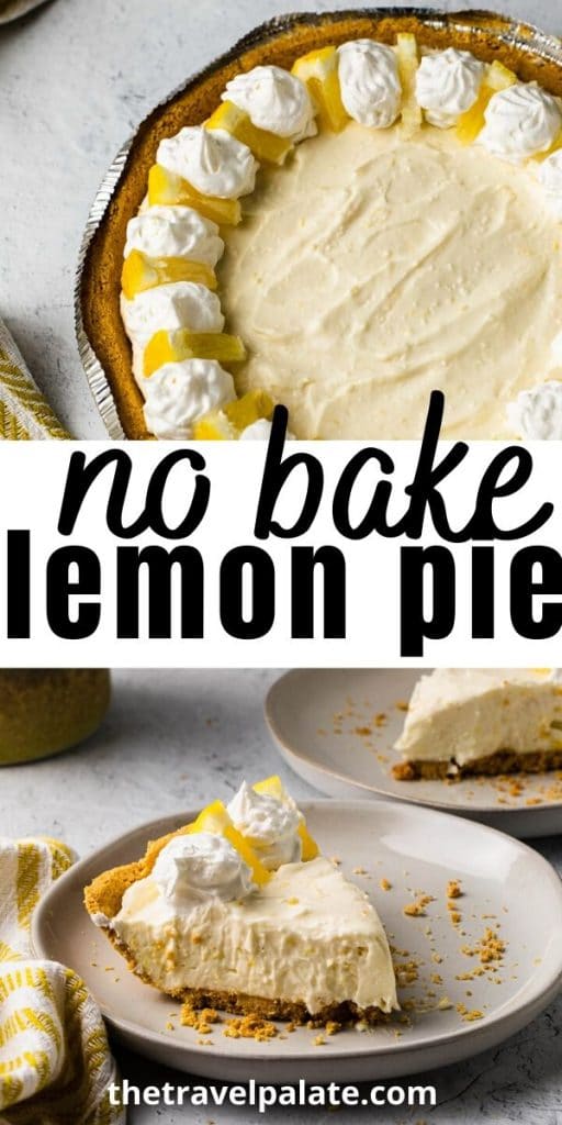 No bake lemon pie whole and a slice on a plate.