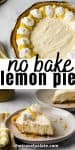 No bake lemon pie whole and a slice on a plate.
