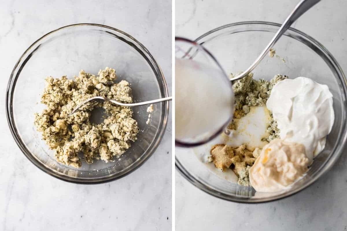 collage of 2 photos showing the steps to make the dressing