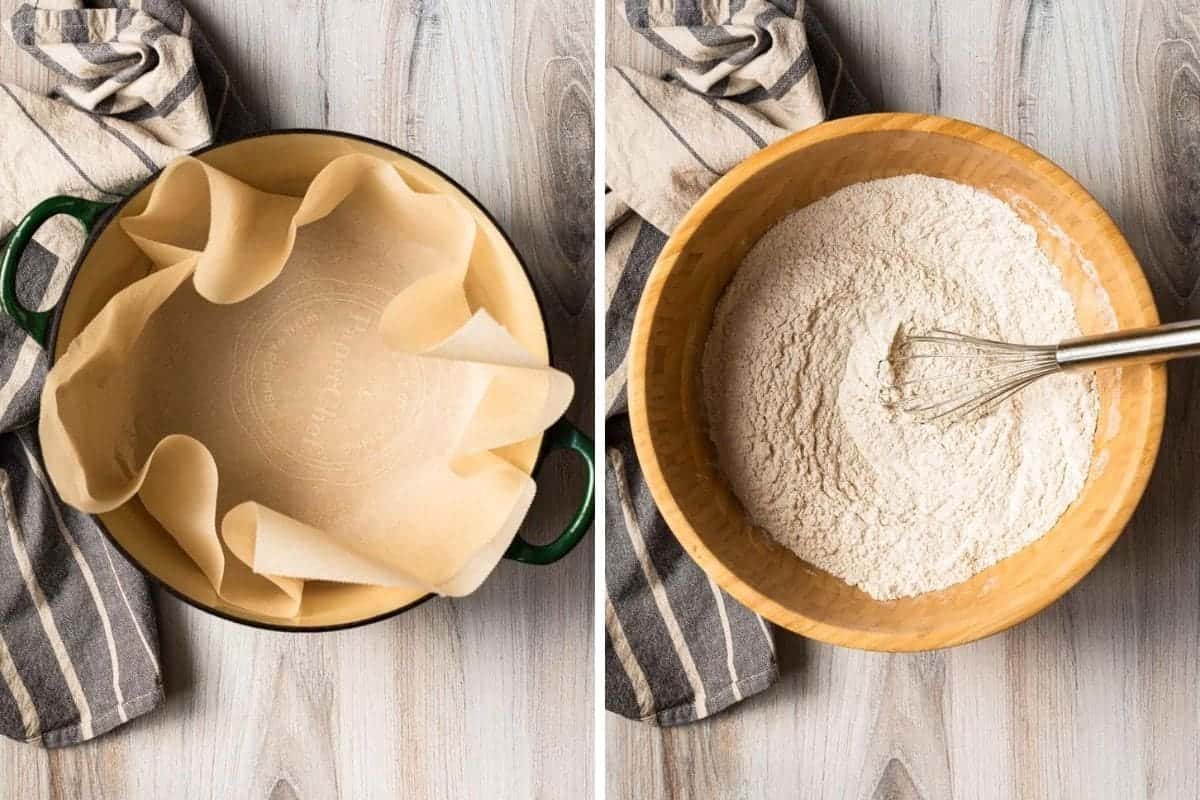 lining a dutch oven with parchment and mixing flour and other ingredients in a large wooden bowl