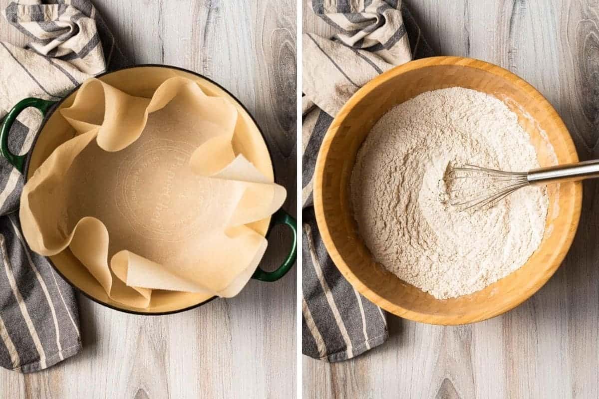 lining a dutch oven with parchment and mixing flour and other ingredients in a large wooden bowl