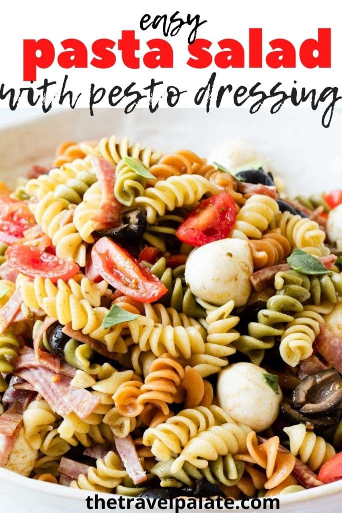 close up view of pasta salad with text overlay as title
