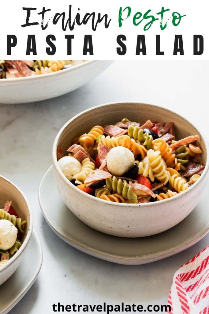 small white bowl with pasta salad and text overlay