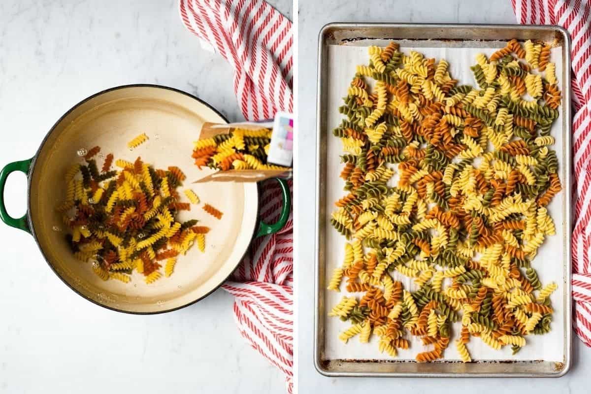 boiling pasta and cooling pasta on a baking sheet