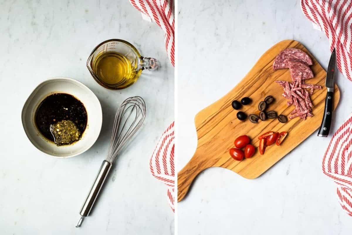 collage showing dressing ingredients and chopped olives, tomatoes and salami on a cutting board