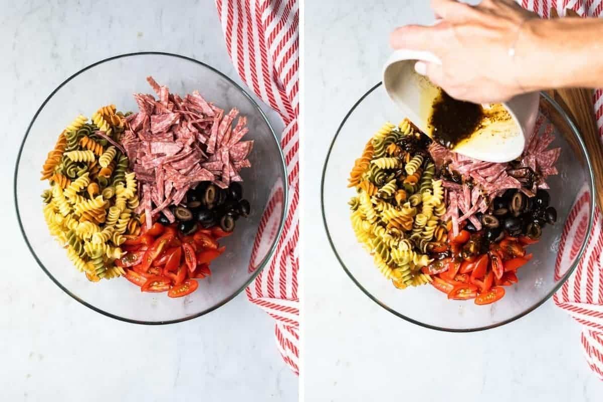 chopped ingredients in a large bowl with dressing being added