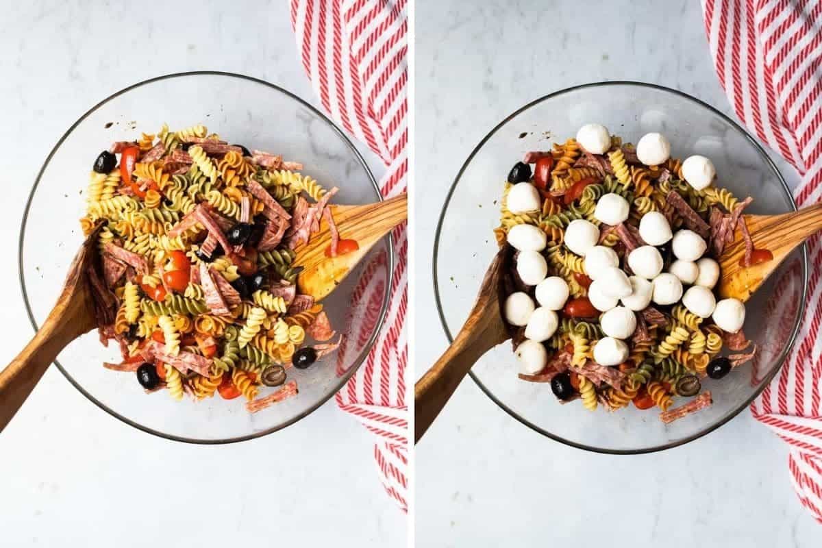 mixing ingredients with pasta and adding mozzarella balls