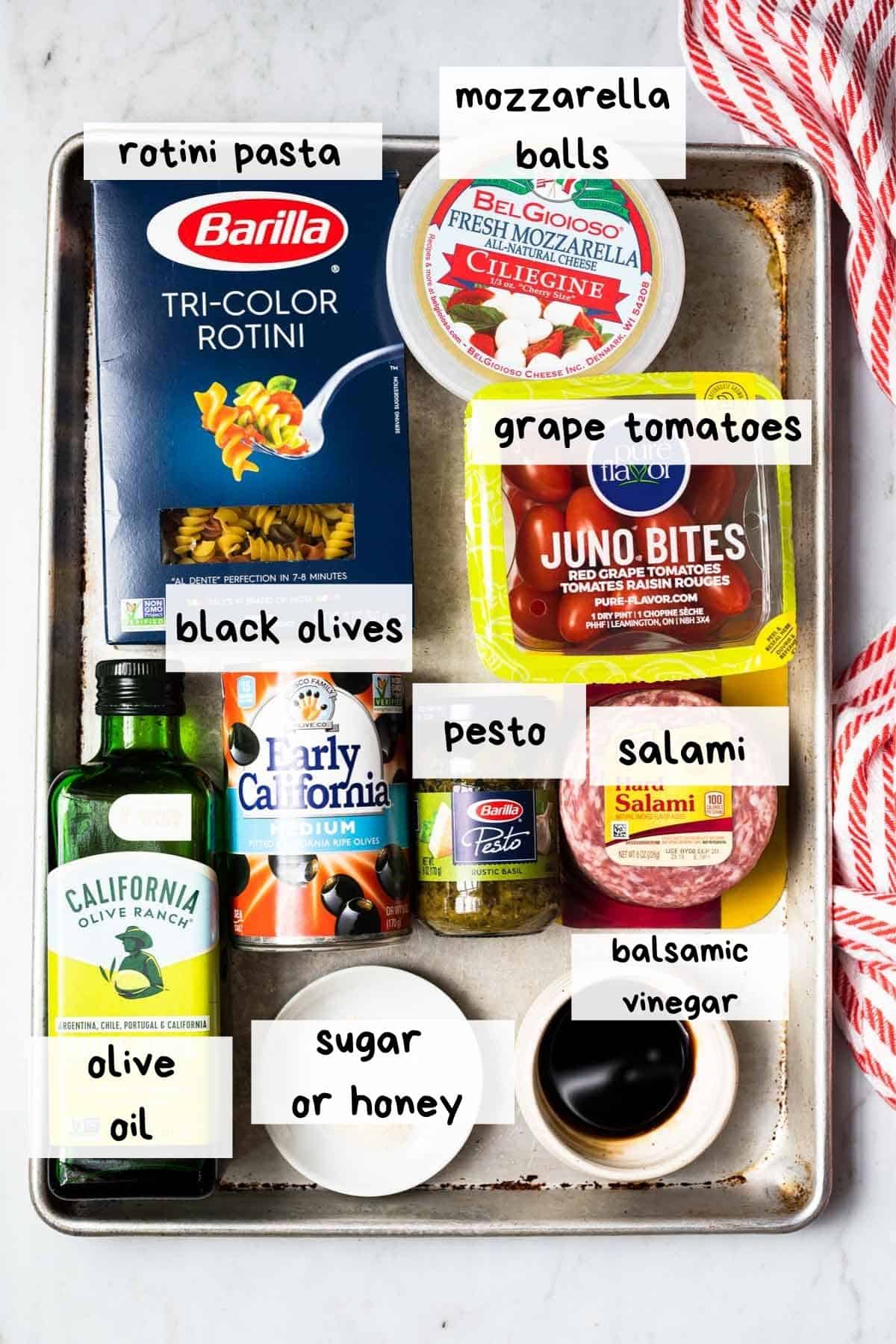 overhead view of the labeled ingredients on a baking tray