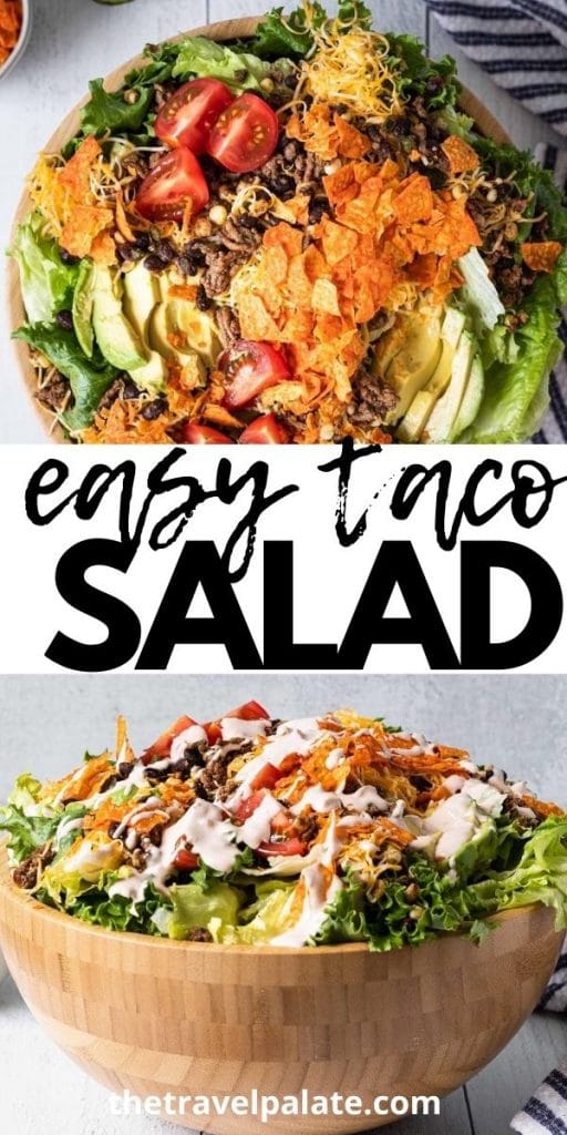 close up overhead and straight on view of taco salad in a wooden bowl drizzled with dressing