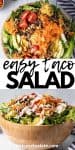 close up overhead and straight on view of taco salad in a wooden bowl drizzled with dressing