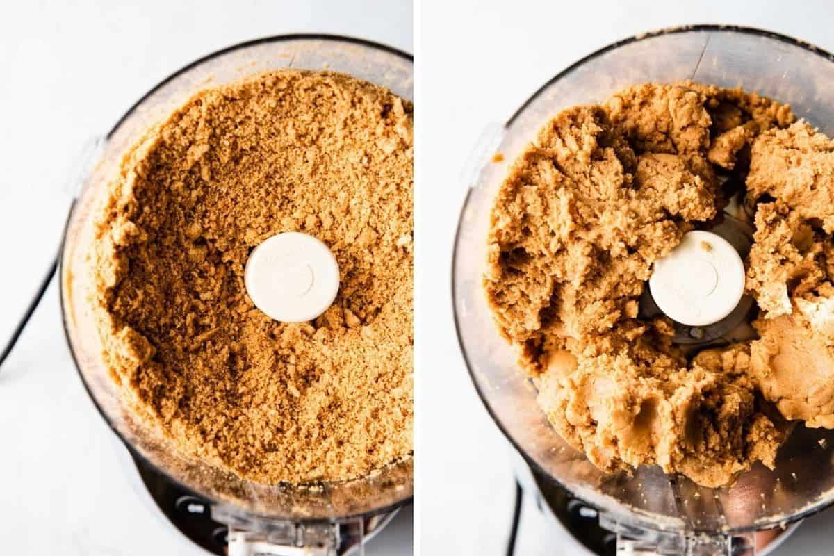 photo collage of cookie crumbs in a food processor and cookie filling after cream cheese has been mixed in