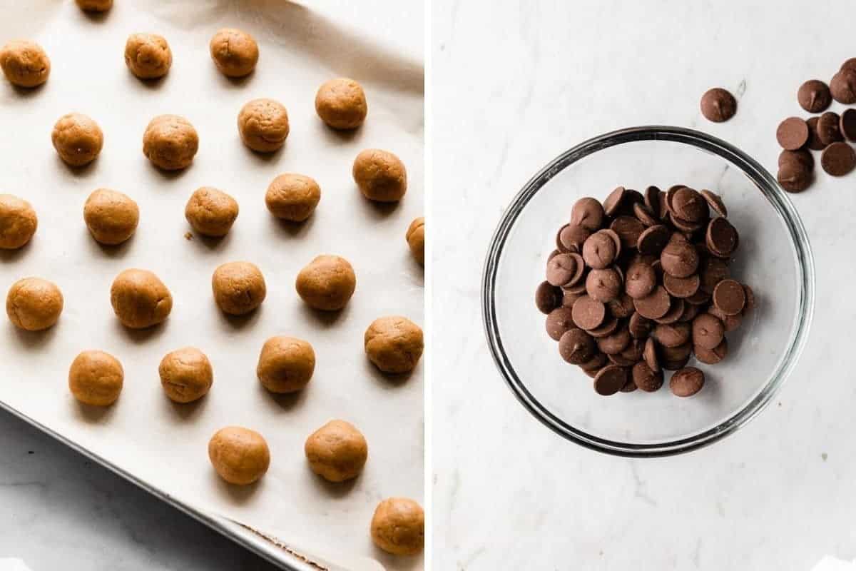 2 photo collage of peanut butter filling formed into balls and chocolate wafers before melting