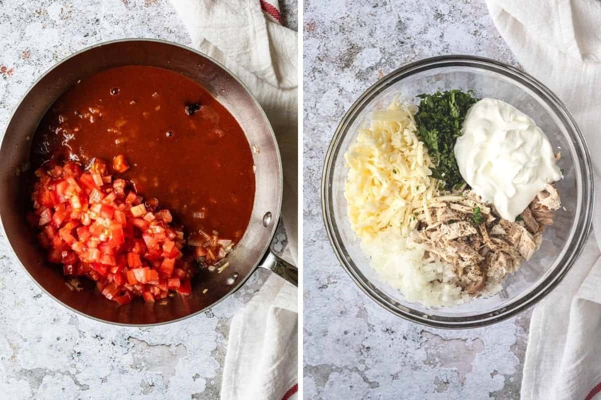 making enchilada sauce in a sauce pan and mixing filling ingredients