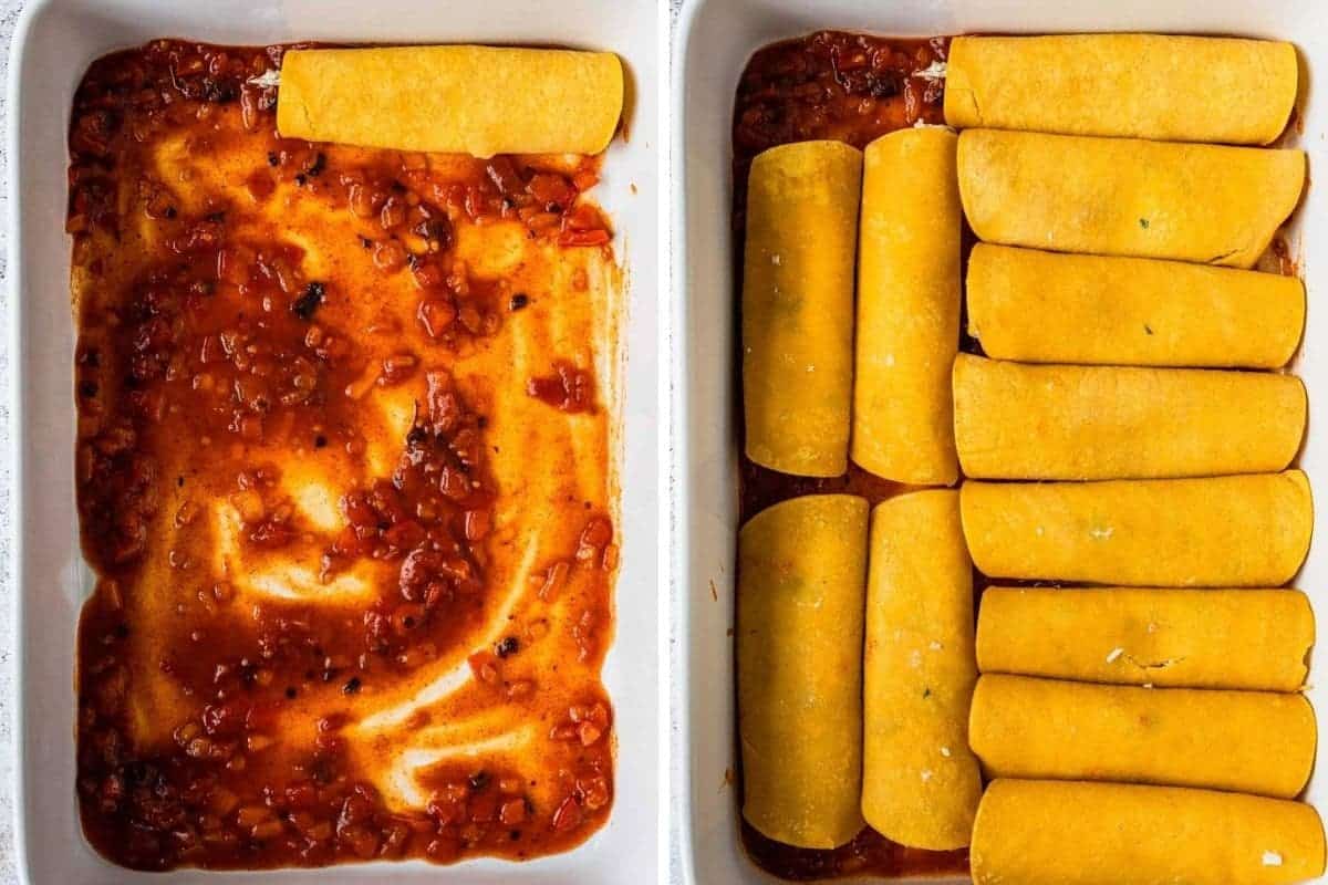 adding rolled enchiladas into a pan with sauce