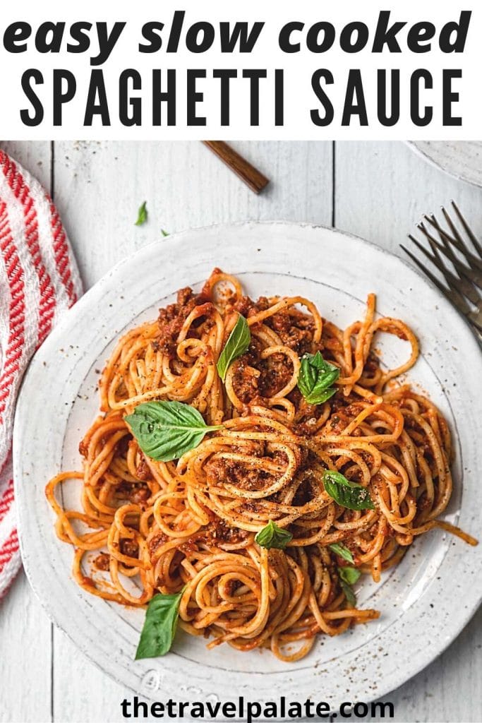 overhead view of a plate of spaghetti with basil leaves