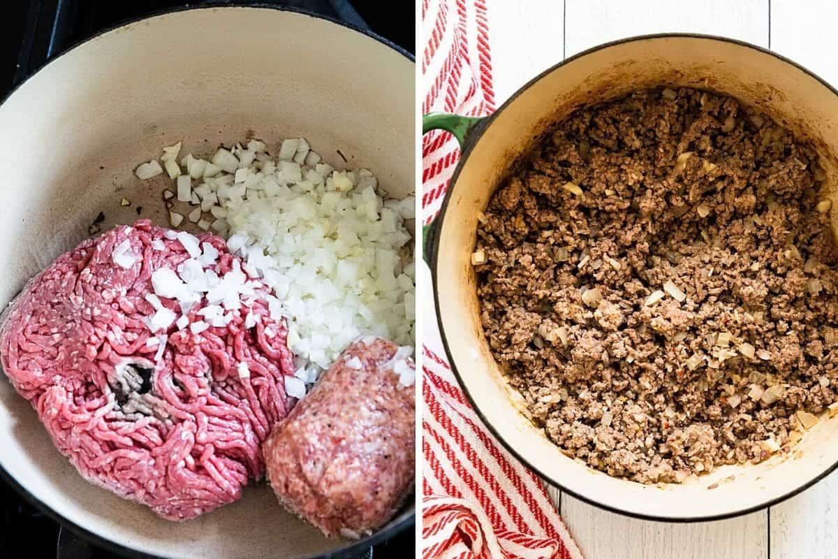 a pan with raw meat and onions of left -cooked on the right