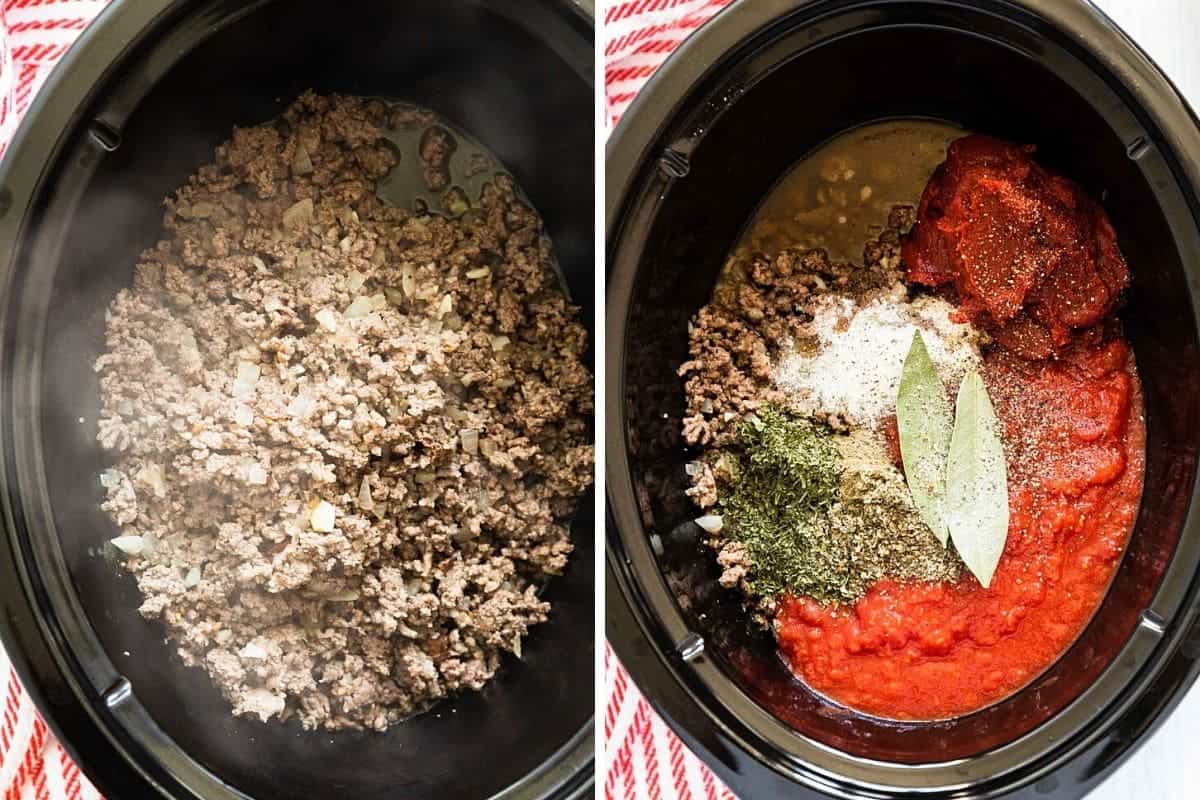 cooked meat in slow cooker insert on right- meat with added tomato sauce and spices