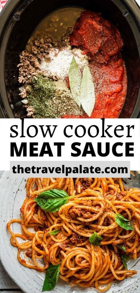 meat sauce in a crockpot with spaghetti on a plate with text overlay