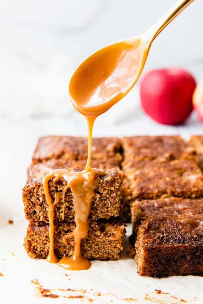 apple spice cake drizzled with caramel sauce