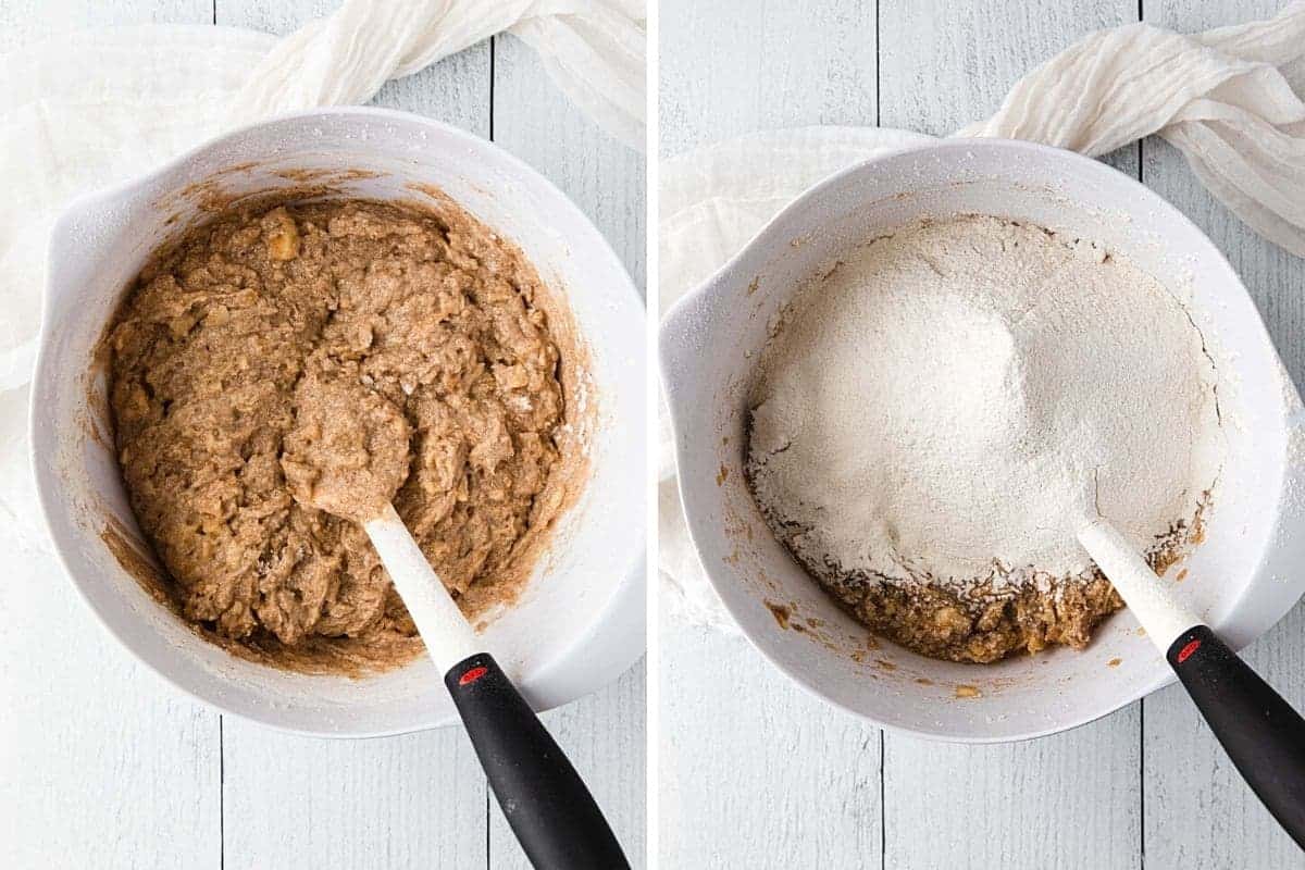 mixing batter with flour