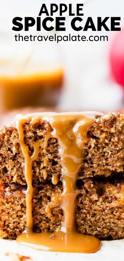 close up view of apple spice cake with caramel dripping