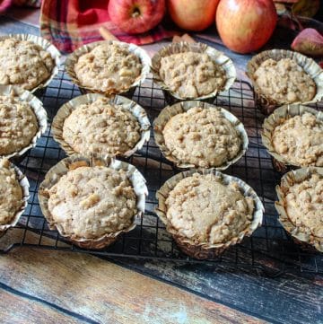 baked muffins on a cooling rack with a fall background