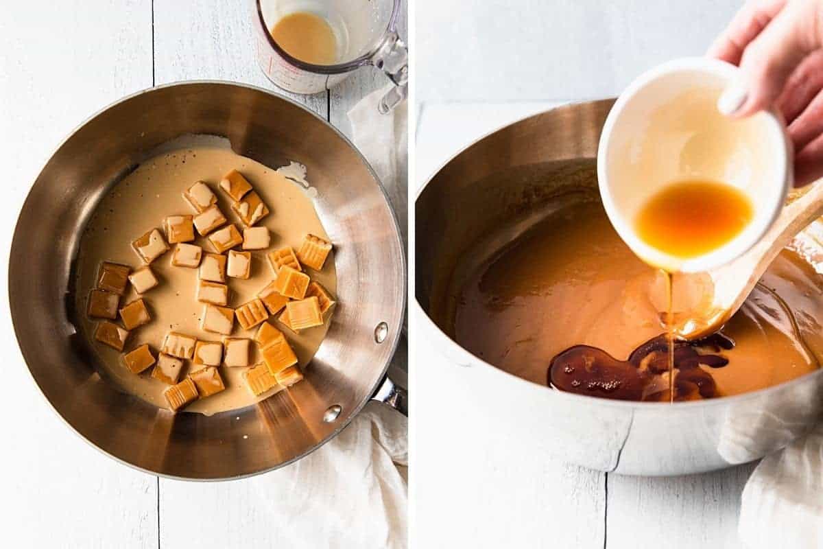 photo collage showing how to melt the caramels and adding the maple syrup