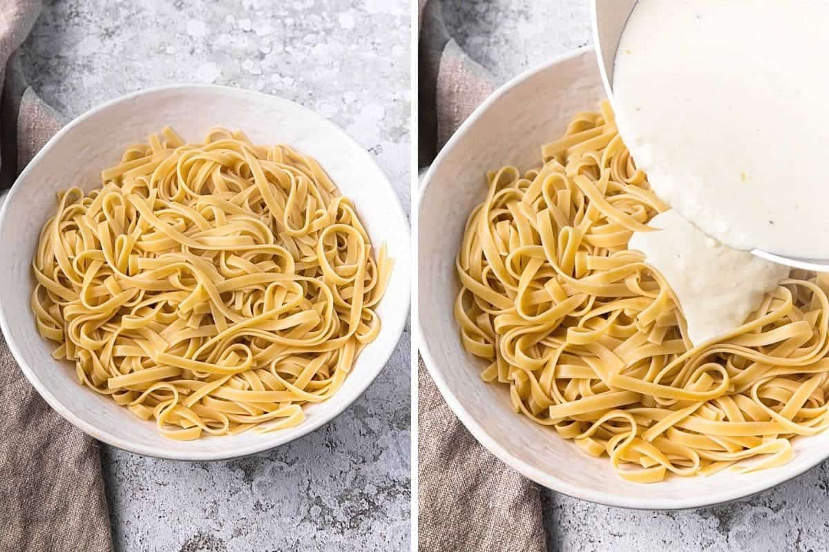 collage showing alfredo sauce being poured on pasta noodles