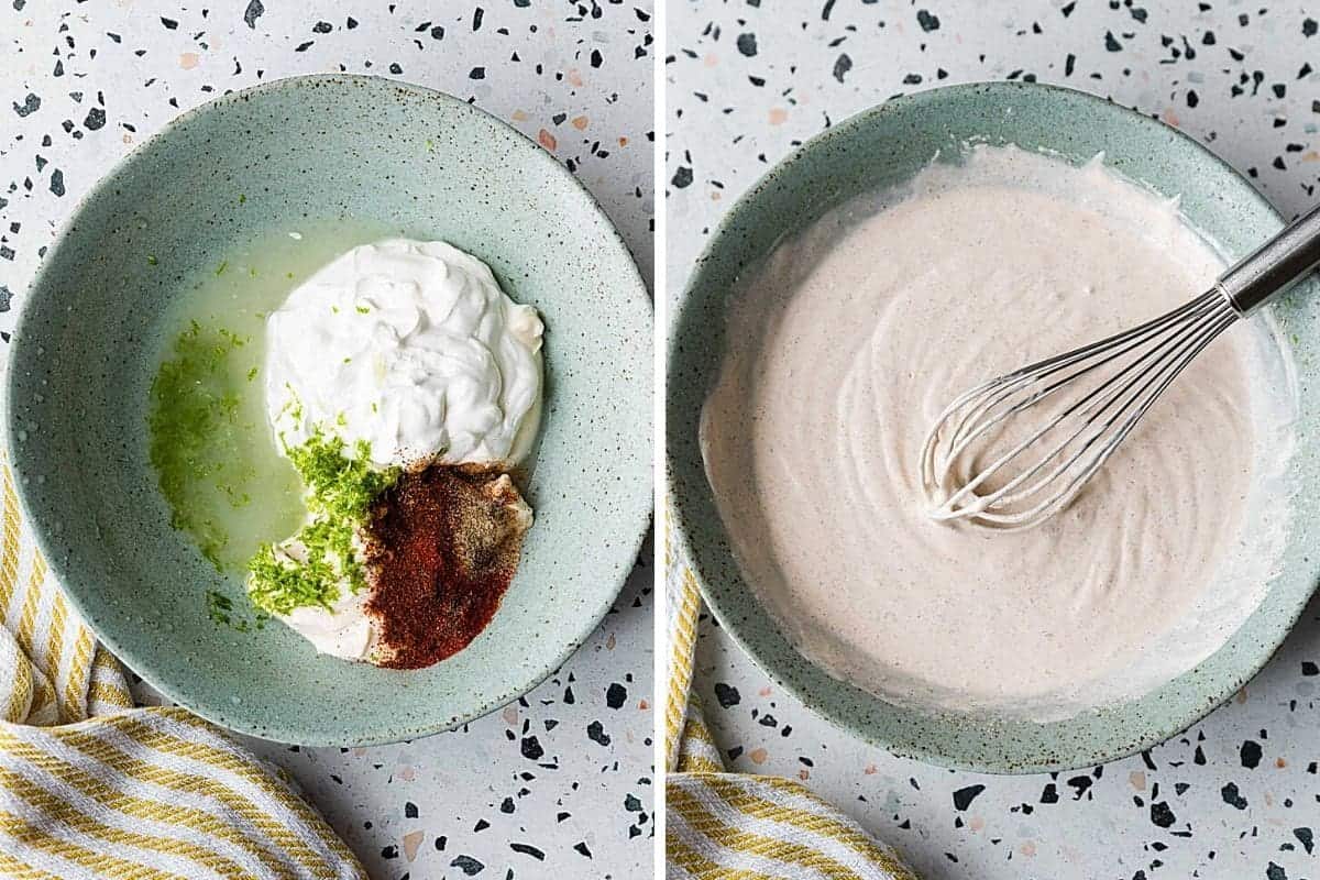 left picture shows ingredients of dressing; right picture shows the dressing mixed up with a whisk